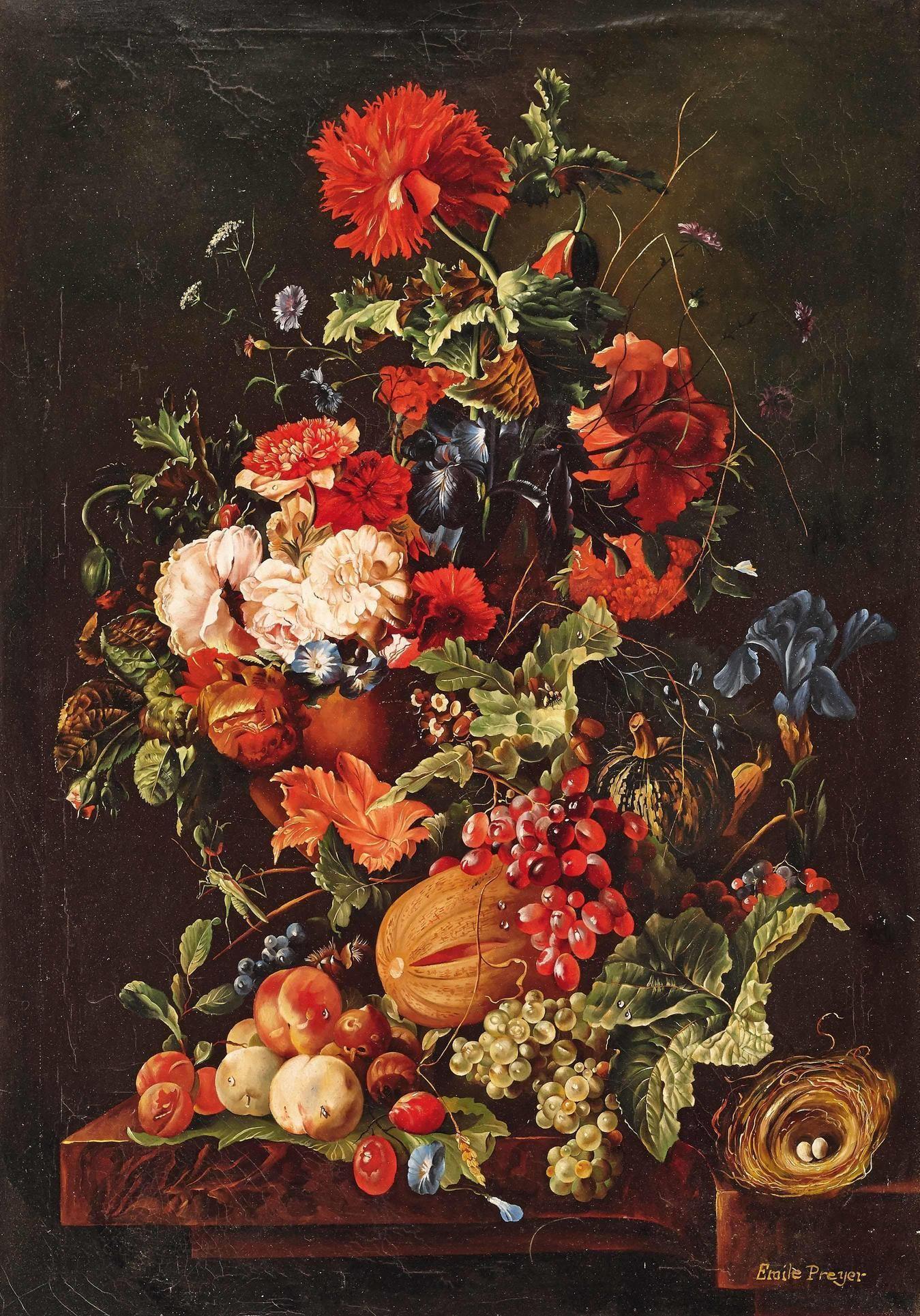 Floral Still Life with Fruit and Bird's Nest, vintage artwork by Emilie Preyer, 12x8" (A4) Poster