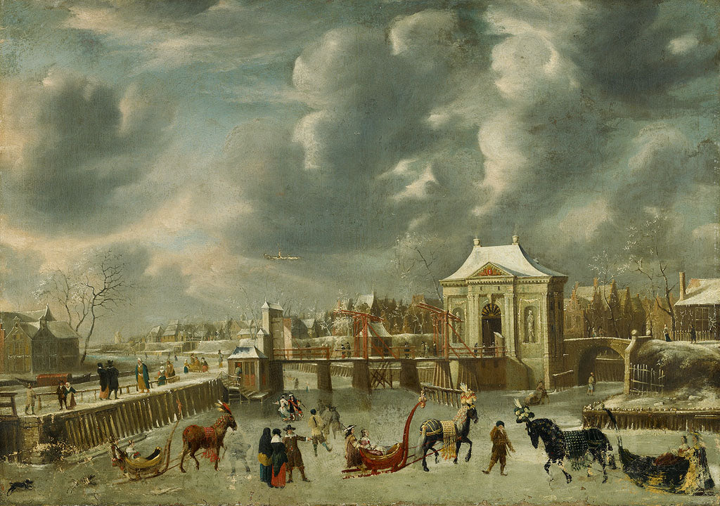 Canal with Heiligeweg Gate in Winter, vintage artwork by Jan Abrahamsz Beerstraten, 12x8" (A4) Poster