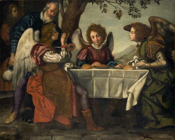 Abraham entertaining the Three Angels, vintage artwork by Attributed to Jacopo Vignali, 12x8" (A4) Poster