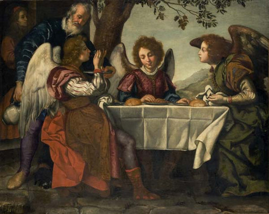 Abraham entertaining the Three Angels, vintage artwork by Attributed to Jacopo Vignali, 12x8" (A4) Poster