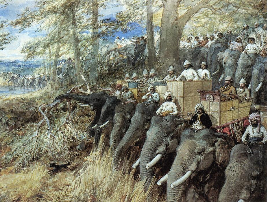 H.R.H. The Prince of Wales beating the Jungle with Sir Jung Bahadoor in the Nepal Terai, vintage artwork by William Simpson, 12x8" (A4) Poster
