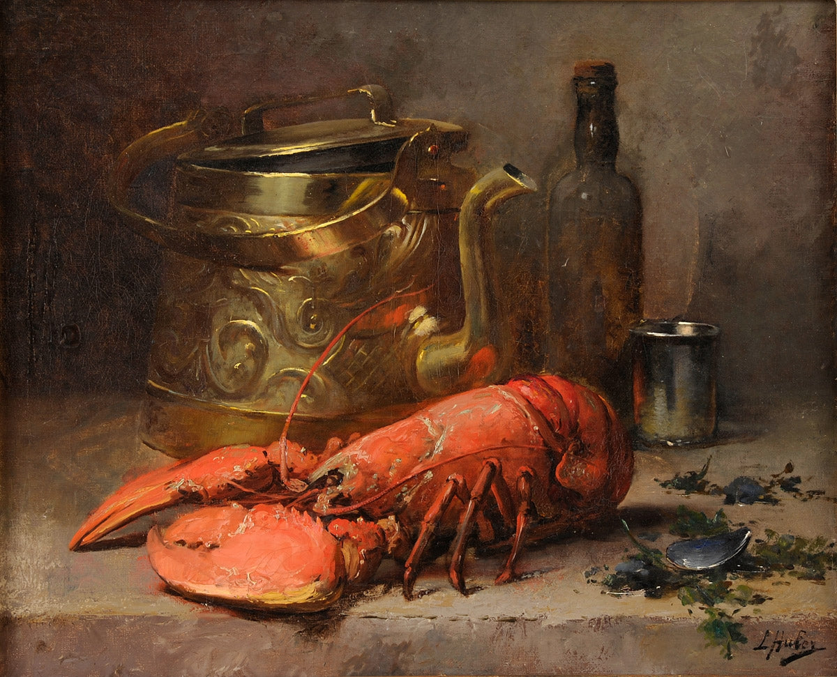 Still life with brass kettle and lobster, vintage artwork by Leon-Charles Huber, 12x8" (A4) Poster
