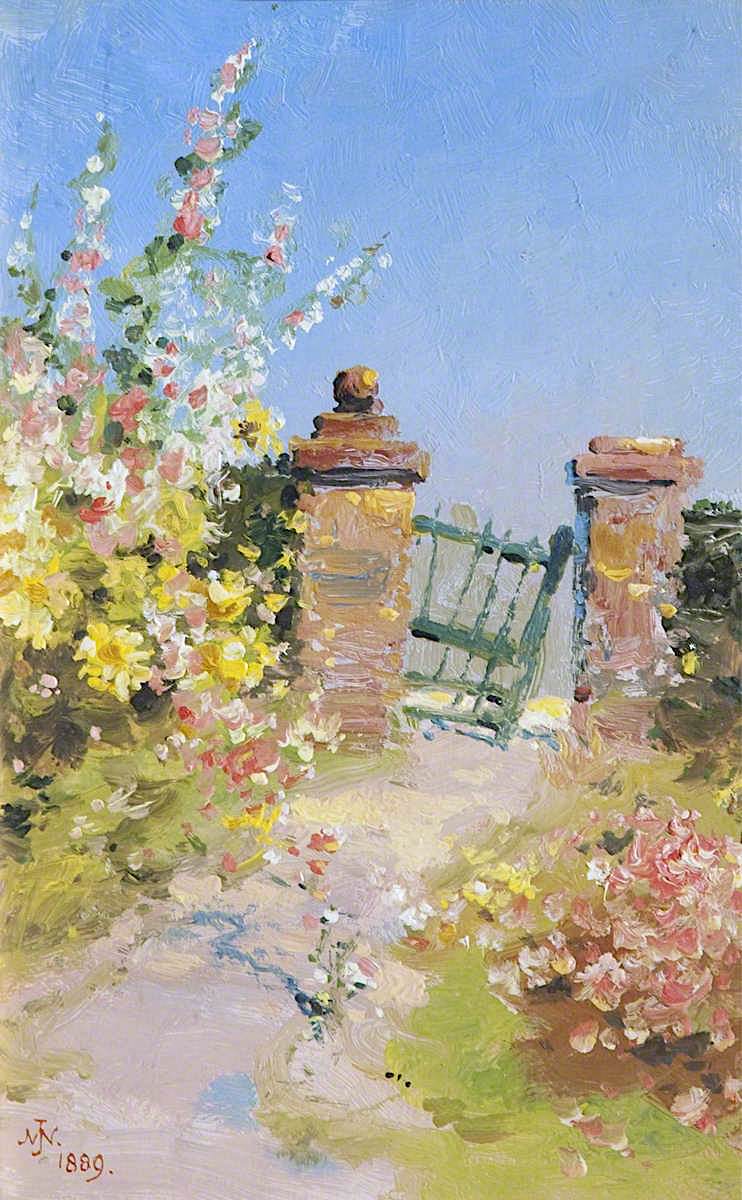 Garden Gate with Hollyhocks, vintage artwork by John Miller Nicholson, 12x8" (A4) Poster