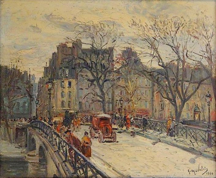The Red Bus on a Bridge in Paris by Gustave Madelain,A3(16x12")Poster