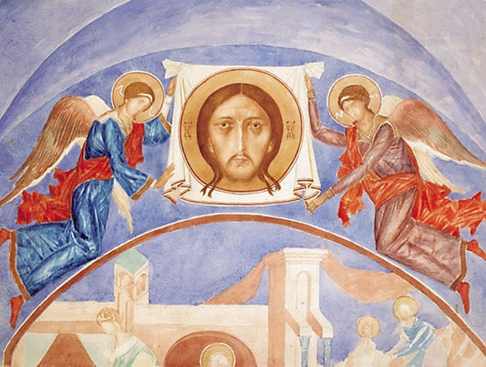 Angels with an Image of Christ the Savior, vintage artwork by Kuzma Petrov-Vodkin, 12x8" (A4) Poster