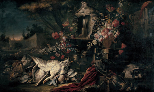Still Life with shooting gear and flowers, vintage artwork by Jean-Baptiste Oudry, 12x8" (A4) Poster