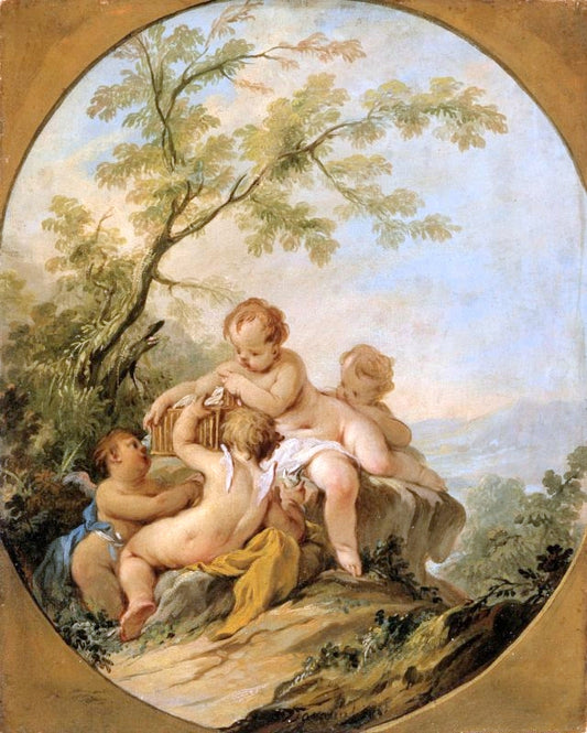 Four Putti Playing with a Birdcage, vintage artwork by Guillaume Thomas Taraval, 12x8" (A4) Poster