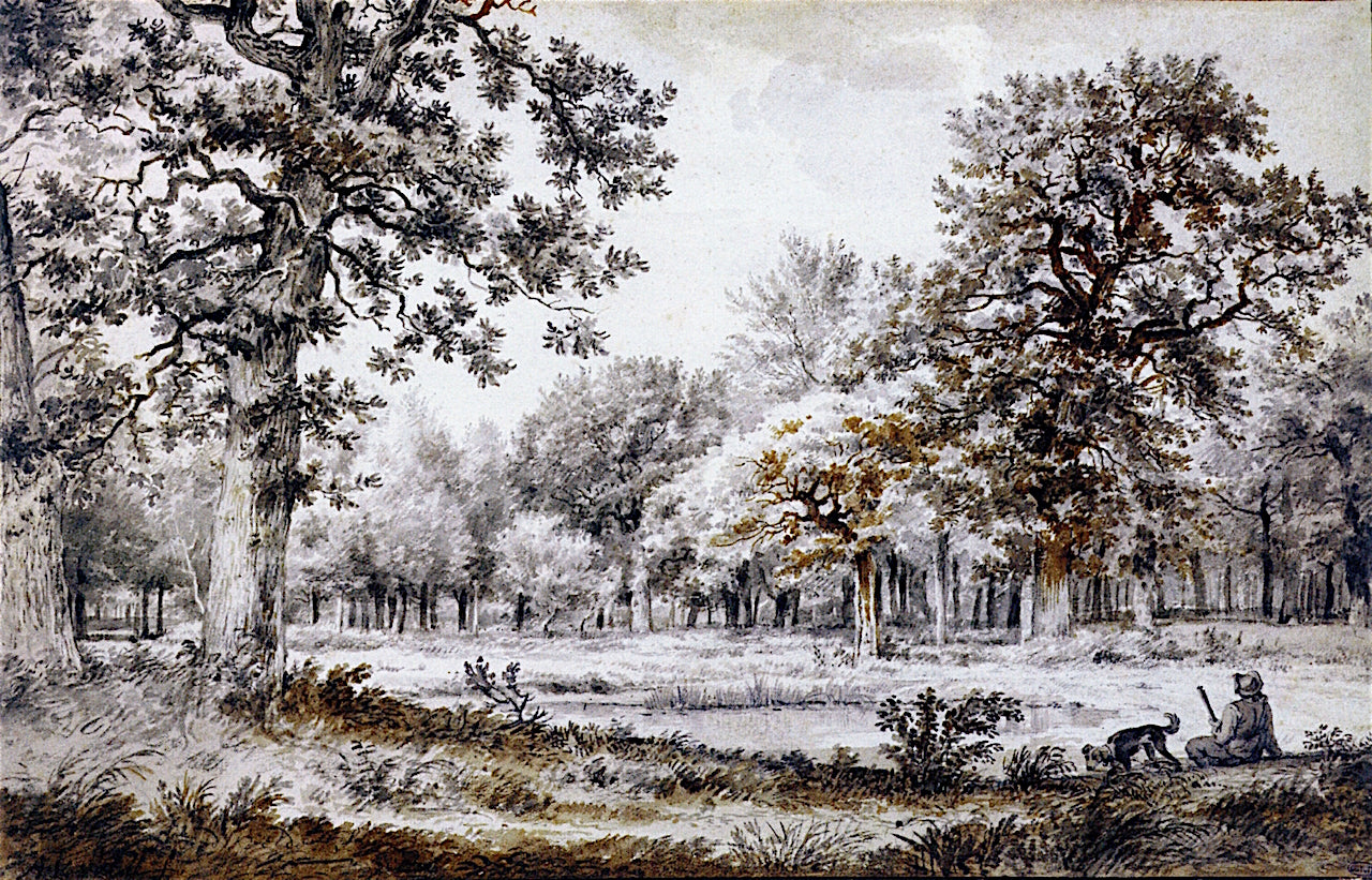 A Huntsman with His Dog by  a Pond in the Woods, vintage artwork by Adriaen van de Velde, 12x8" (A4) Poster