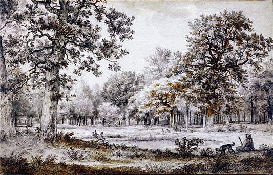 A Huntsman with His Dog by  a Pond in the Woods, vintage artwork by Adriaen van de Velde, 12x8" (A4) Poster