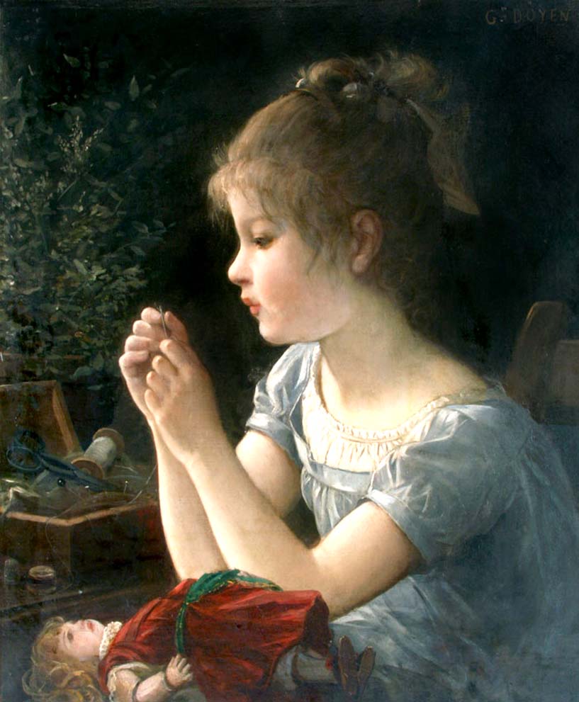 A Young Girl with her Doll, vintage artwork by Gustave Doyen, 12x8" (A4) Poster