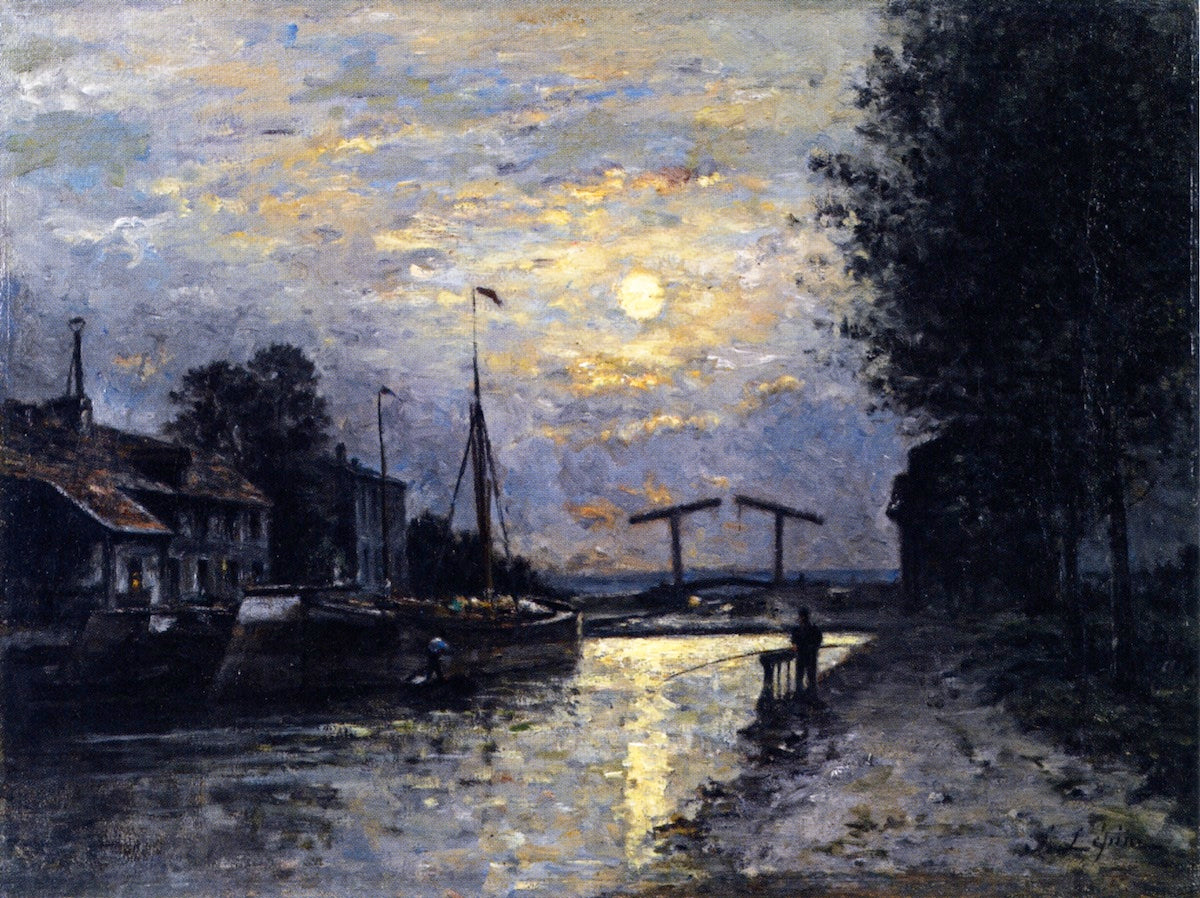 Canal in Saint-Denis, Effect of Moonlight, vintage artwork by Stanislas Lepine, 12x8" (A4) Poster