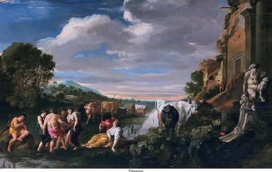 Landscape with Cowherd, vintage artwork by Moses van Uyttenbroeck, 12x8" (A4) Poster