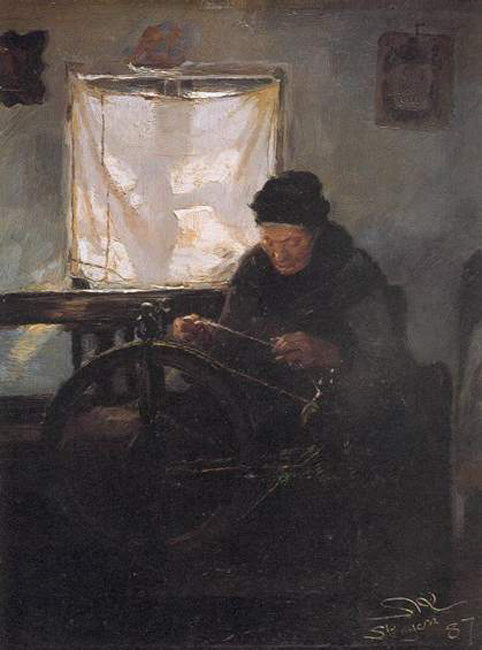 Old Woman at a Spinning Wheel, vintage artwork by Peder Severin Kroyer, 12x8" (A4) Poster