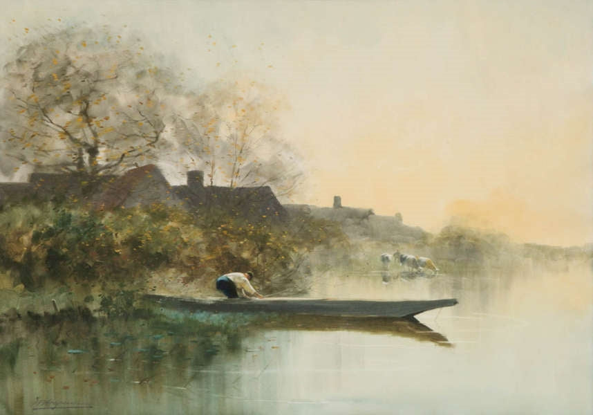 Fisherman on a Boat at Sunset, vintage artwork by Maurice Hagemans, 12x8" (A4) Poster