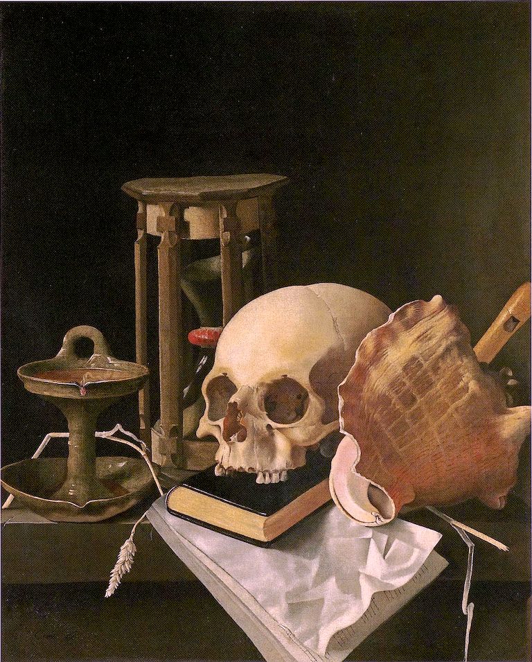 Vanitas Still Life with Skull and Hourglass, vintage artwork by Adriaen Coorte, 12x8" (A4) Poster