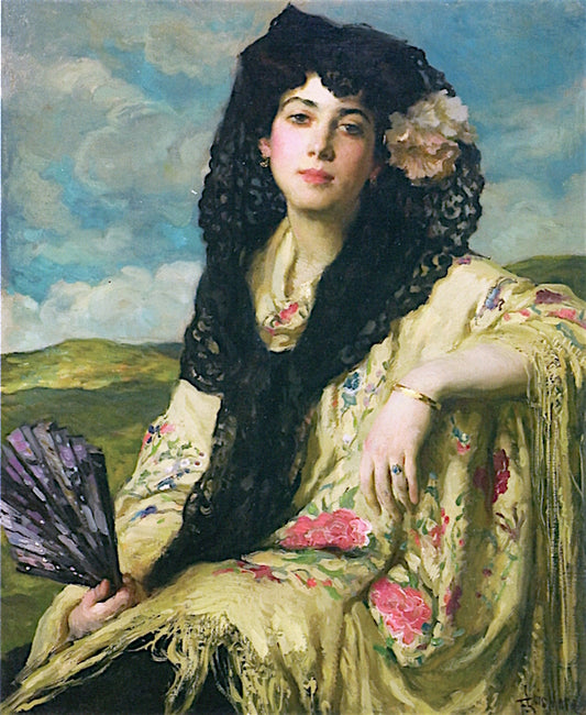 A Young Beauty with Fan, vintage artwork by Francis Luis Mora, 12x8" (A4) Poster