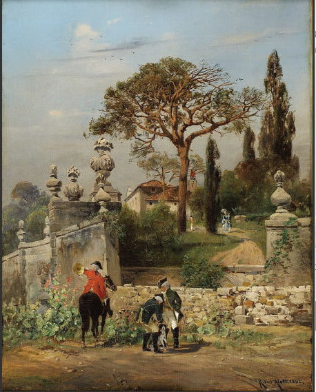 Huntsmen at the Garden Edge, vintage artwork by Robert Alott, 12x8" (A4) Poster