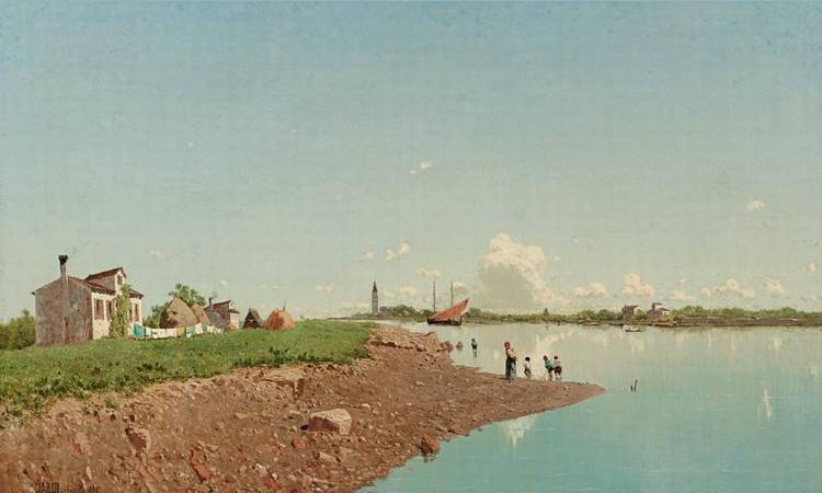 Village Life outside Venice, vintage artwork by Guglielmo Ciardi, 12x8" (A4) Poster