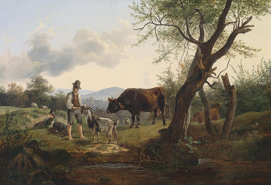 A Shepherd with a Goat and Young Bull, vintage artwork by Friedrich Gauermann, A3 (16x12") Poster Print