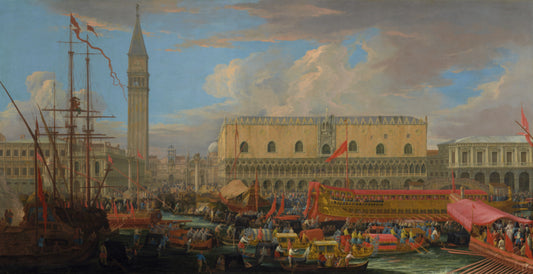 The Bucintoro Departing from the Bacino di San Marco, vintage artwork by Luca Carlevarijs, 12x8" (A4) Poster