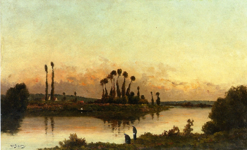 Washerwomen in an Extensive River Landscape, vintage artwork by Hippolyte-Camille Delpy, 12x8" (A4) Poster