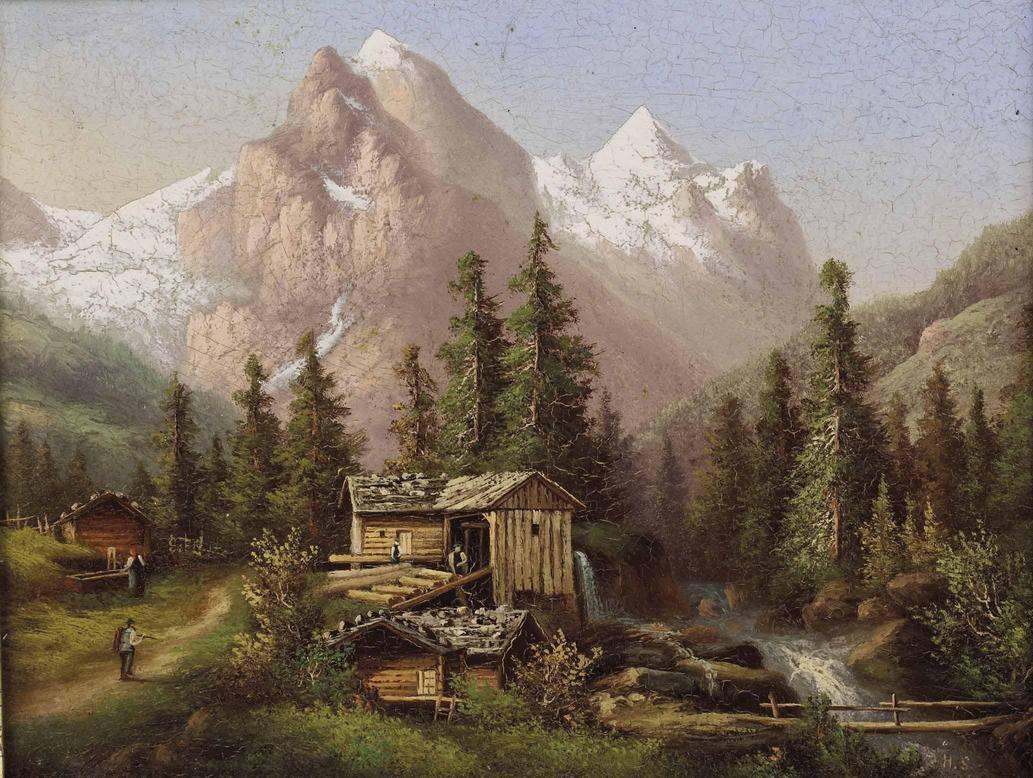 Holzarbeit in den Hochalpen, vintage artwork by Hubert Sattler, A3 (16x12") Poster Print