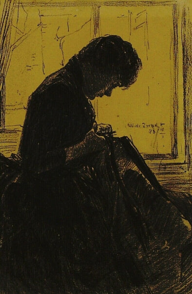 Sewing Woman Sitting by  the Window, vintage artwork by Willem de Zwart, 12x8" (A4) Poster