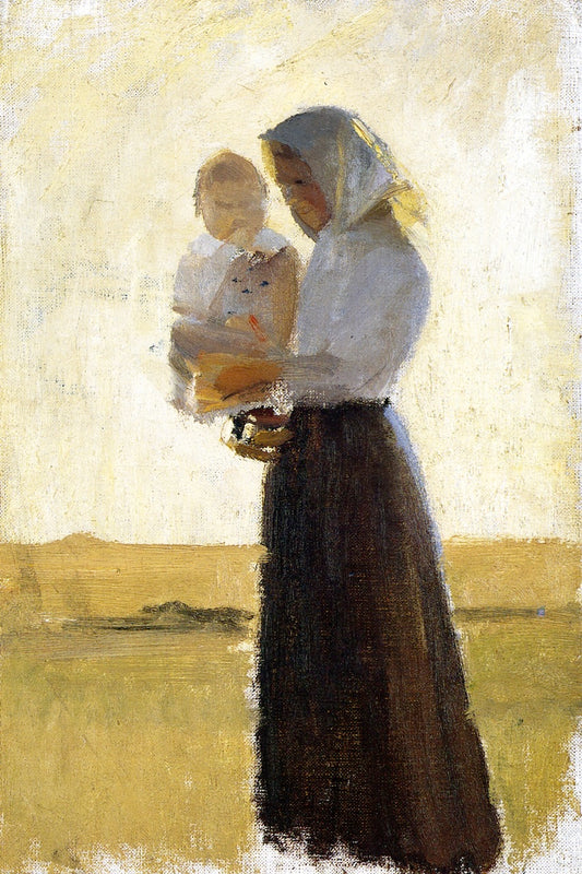 Young Woman with Her Child on Her Arm, vintage artwork by Anna Ancher, 12x8" (A4) Poster