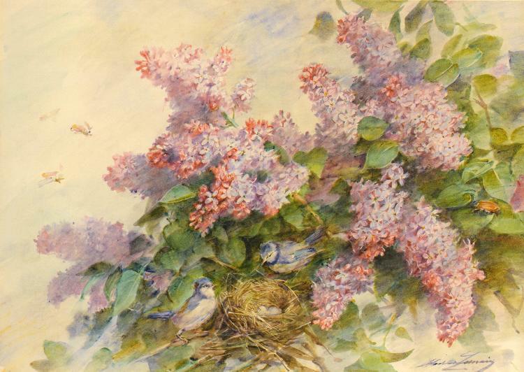 Lilacs and Birds, vintage artwork by Madeleine Jeanne Lemaire, 12x8" (A4) Poster