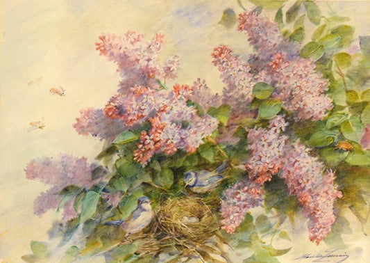 Lilacs and Birds, vintage artwork by Madeleine Jeanne Lemaire, 12x8" (A4) Poster