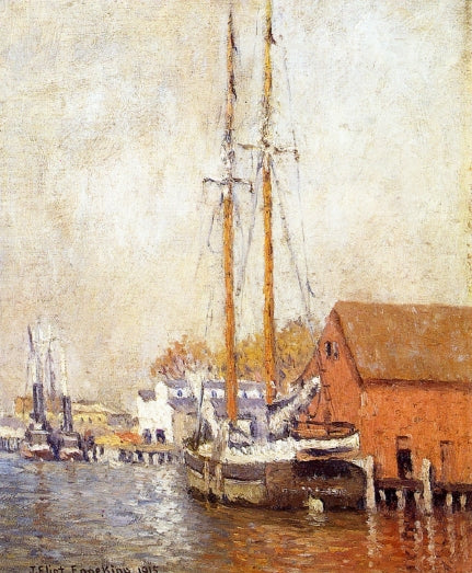 Along the Waterfront, Maine, vintage artwork by Joseph Eliot Enneking, 12x8" (A4) Poster