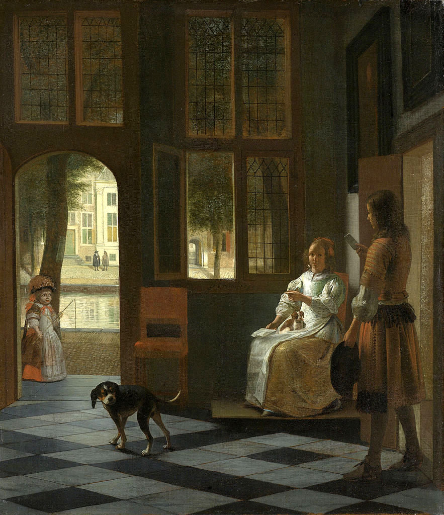 Man Handing a Letter to a Woman in the Entrance Hall of a House, vintage artwork by Pieter de Hooch, 12x8" (A4) Poster