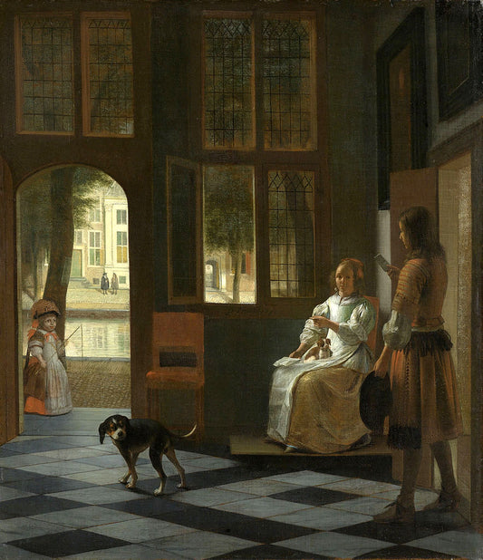 Man Handing a Letter to a Woman in the Entrance Hall of a House, vintage artwork by Pieter de Hooch, 12x8" (A4) Poster