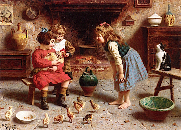 Feeding the chicken by Eugenio Zampighi,A3(16x12")Poster