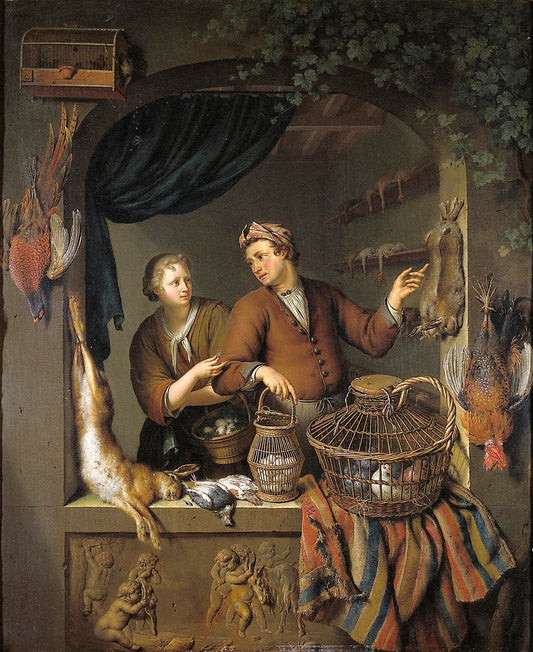 The Poultry Shop, vintage artwork by Willem van Mieris, 12x8" (A4) Poster