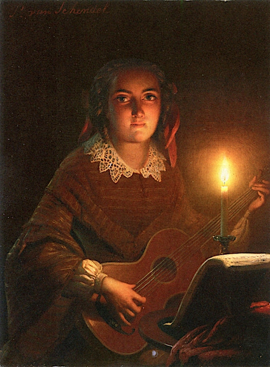 A Girl Playing a Guitar by  Canclelight, vintage artwork by Petrus van Schendel, A3 (16x12") Poster Print