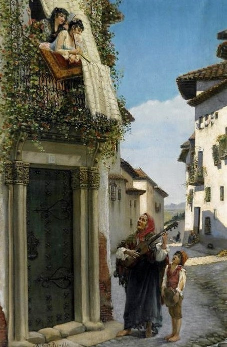 Two spanish women on a balcony, listening to streetmusicians, vintage artwork by Charles Albert Pesnelle, 12x8" (A4) Poster