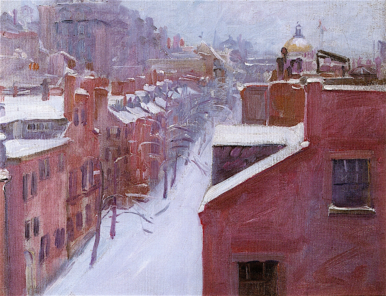 View up Mount Vernon Street in the Snow, vintage artwork by Lucy May Stanton, 12x8" (A4) Poster
