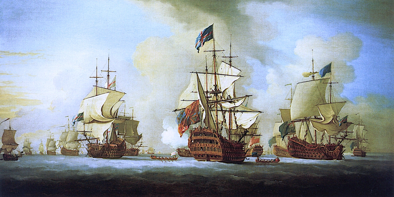 An English Fleet at Anchor, with the Admiral's Ship Signaling, vintage artwork by Peter Monamy, 12x8" (A4) Poster