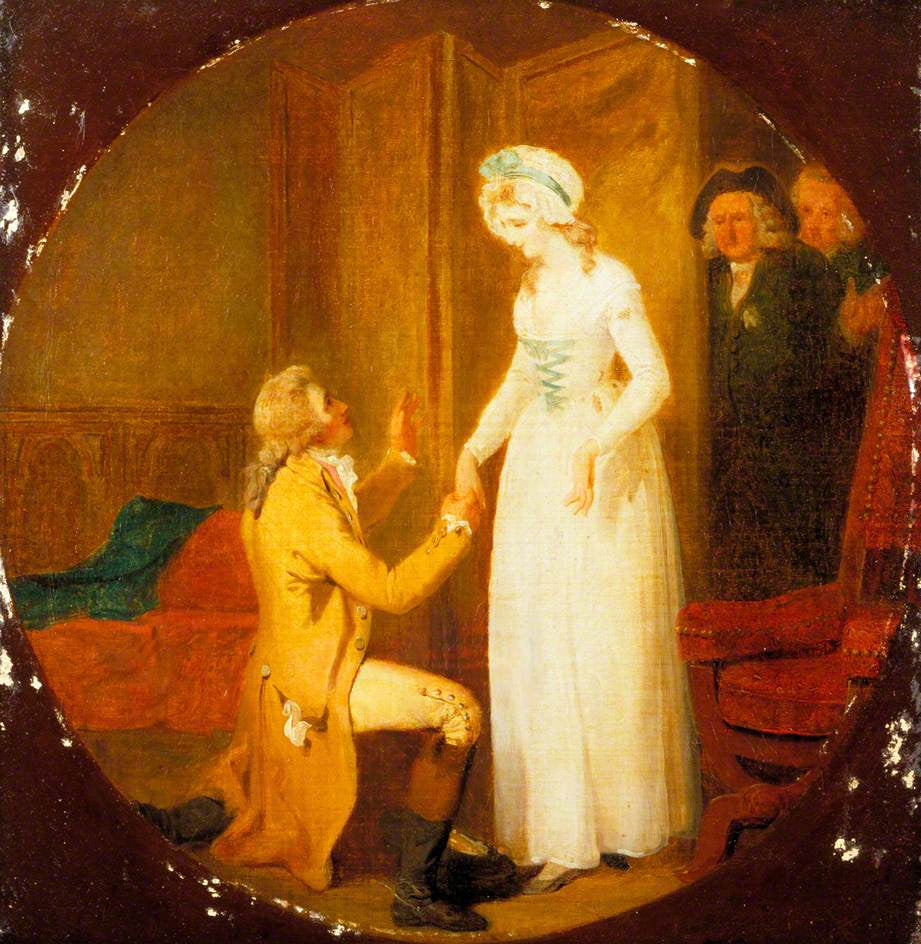 Young Marlow and Miss Hardcastle (from Oliver Goldsmith's 'She Stoops to Conquer', Act V, Scene 3), vintage artwork by Francis Wheatley, 12x8" (A4) Poster
