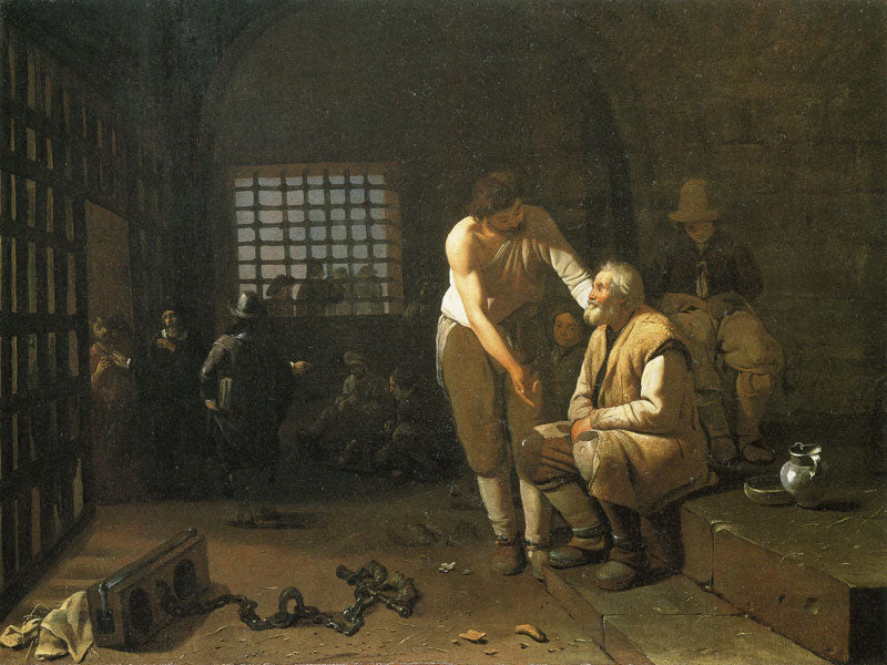 The Seven Acts of Mercy:  Ministering to Prisoners, vintage artwork by Michiel Sweerts, 12x8" (A4) Poster