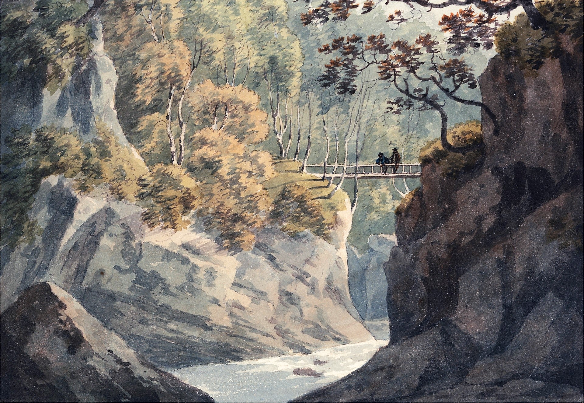 Alpine Bridge and Woodland Scenery near Pistil y Maw, vintage artwork by John Warwick Smith, 12x8" (A4) Poster