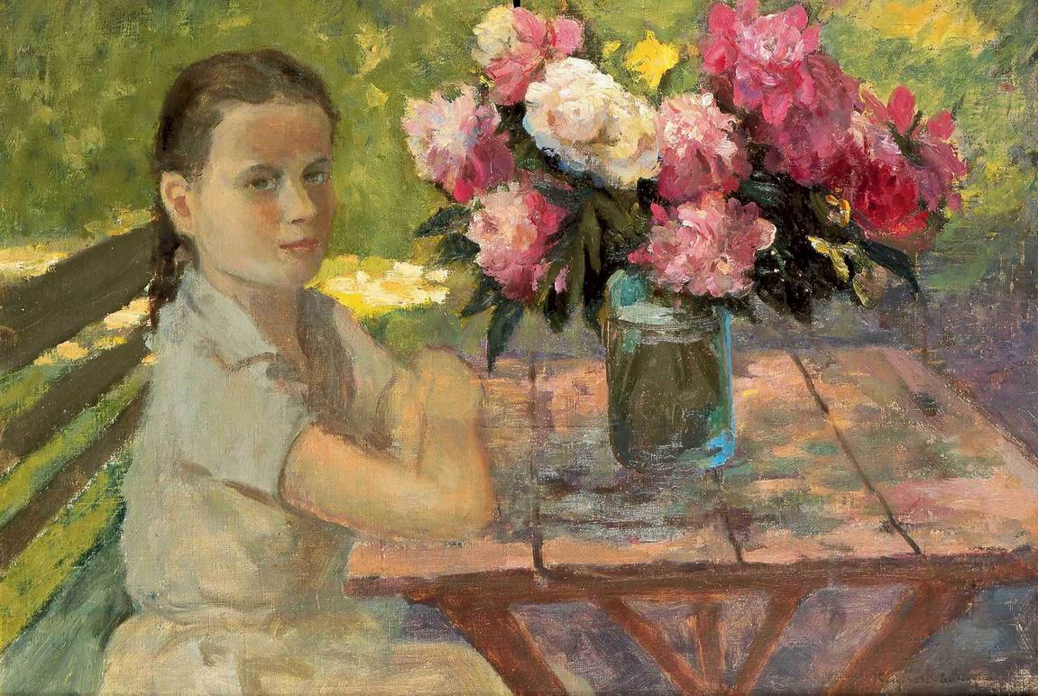 Girl with Peonies by Nikolai Petrovich Bogdanov-Belsky,A3(16x12")Poster
