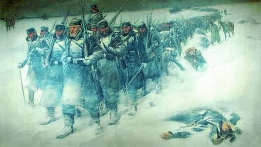 Danish infantry during the retreat from Dannevirke the night of 5 and 6 February 1864, vintage artwork by Erik Henningsen, 12x8" (A4) Poster