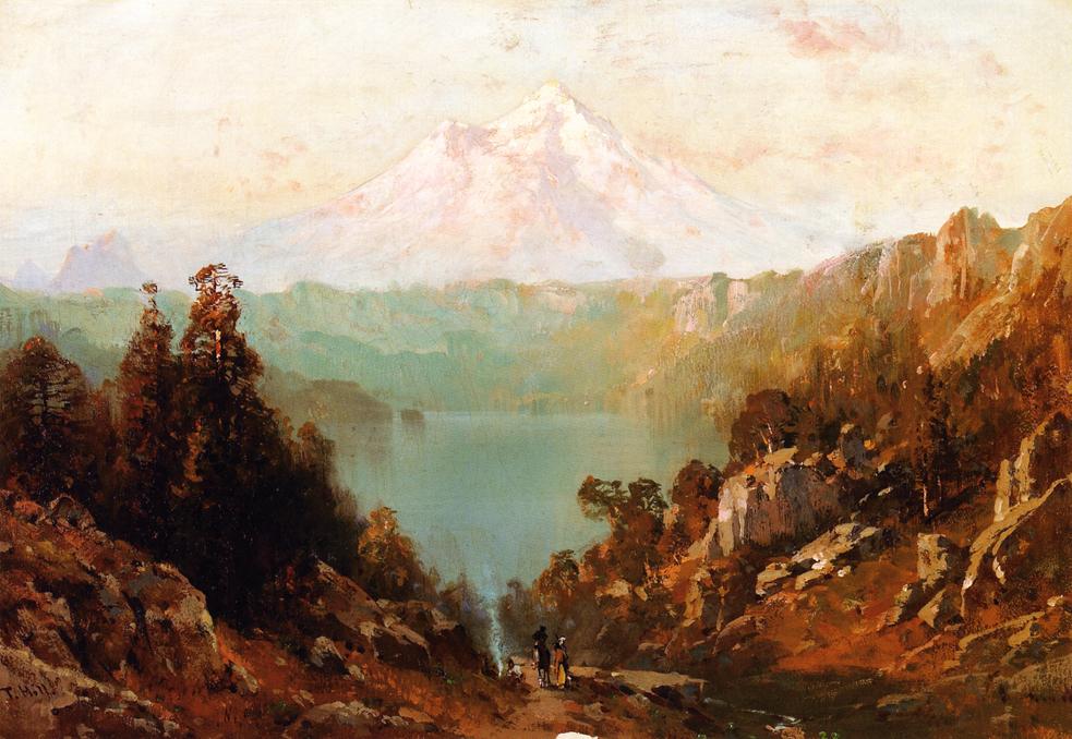 Mount Shasta from Castle Lake at Evening, vintage artwork by Thomas Hill, 12x8" (A4) Poster