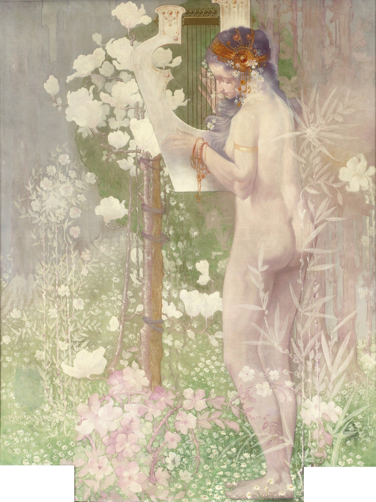 Nude with a harp, vintage artwork by Maurice Langaskens, 12x8" (A4) Poster