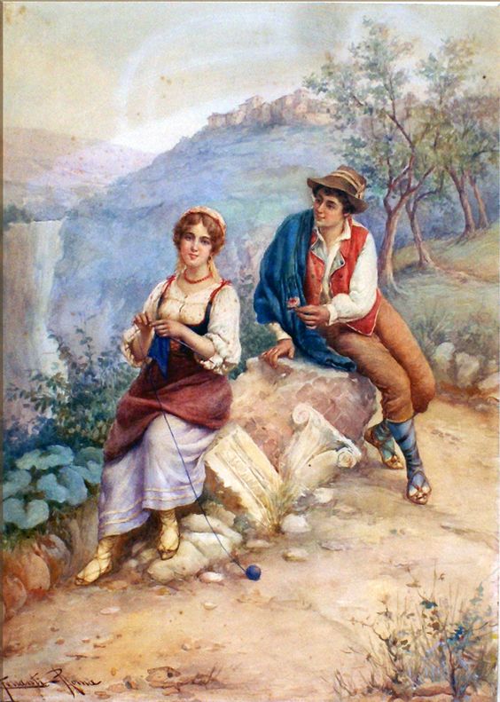 Lovers by  the Tivoli Waterfall, vintage artwork by Carlo Ferranti, 12x8" (A4) Poster