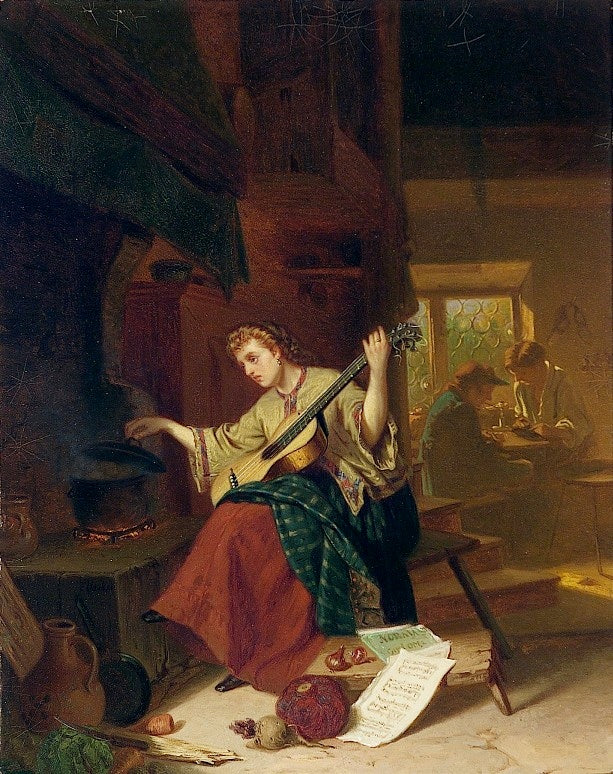 Woman playing the guitar, vintage artwork by Carl d'Unker, 12x8" (A4) Poster