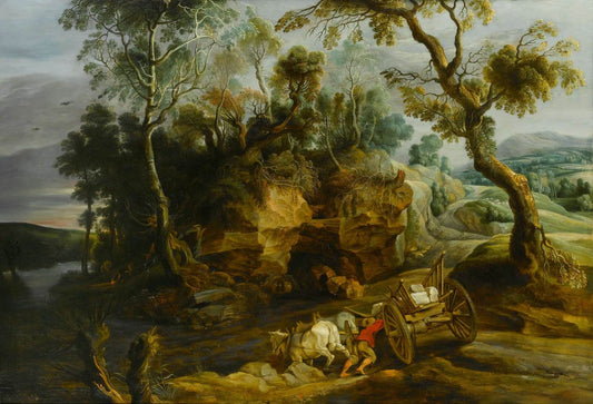 Landscape with Cart Crossing a River, vintage artwork by Lucas van Uden, 12x8" (A4) Poster