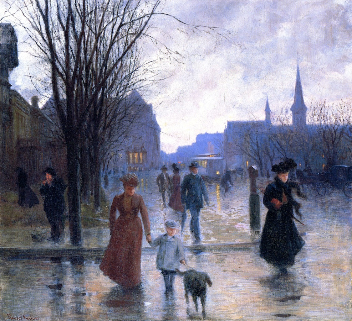 Rainy Evening on Hennepin Avenue, vintage artwork by Robert Koehler, 12x8" (A4) Poster